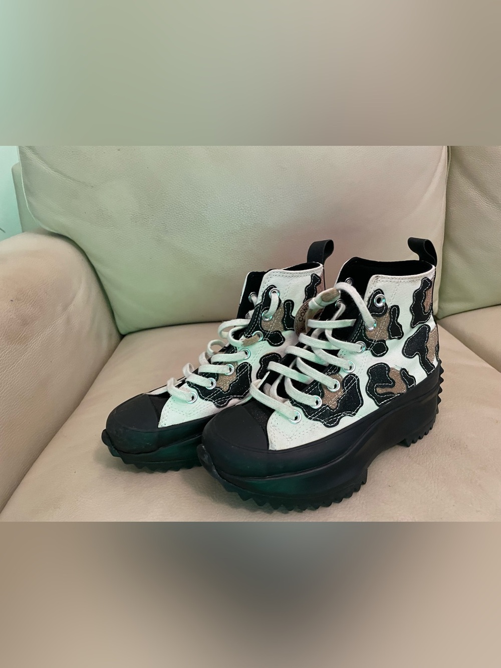 Converse Lace-Up Platform High-Tops in White and Black Camo